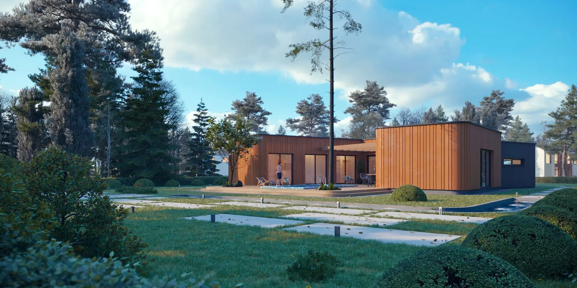 Vieno aukšto namo projektas 199 m²: 3 Miegamieji, 2 Vonios, Atvira virtuvė, Garažas
