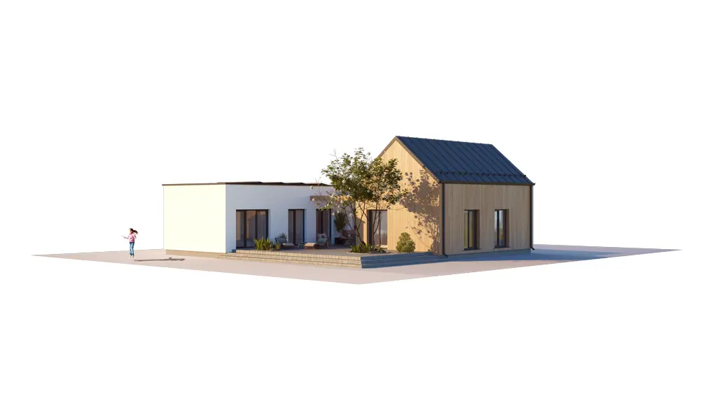 Vieno aukšto namo projektas 121 m²: 3 Miegamieji, 2 Vonios, Atvira virtuvė, be Garažo