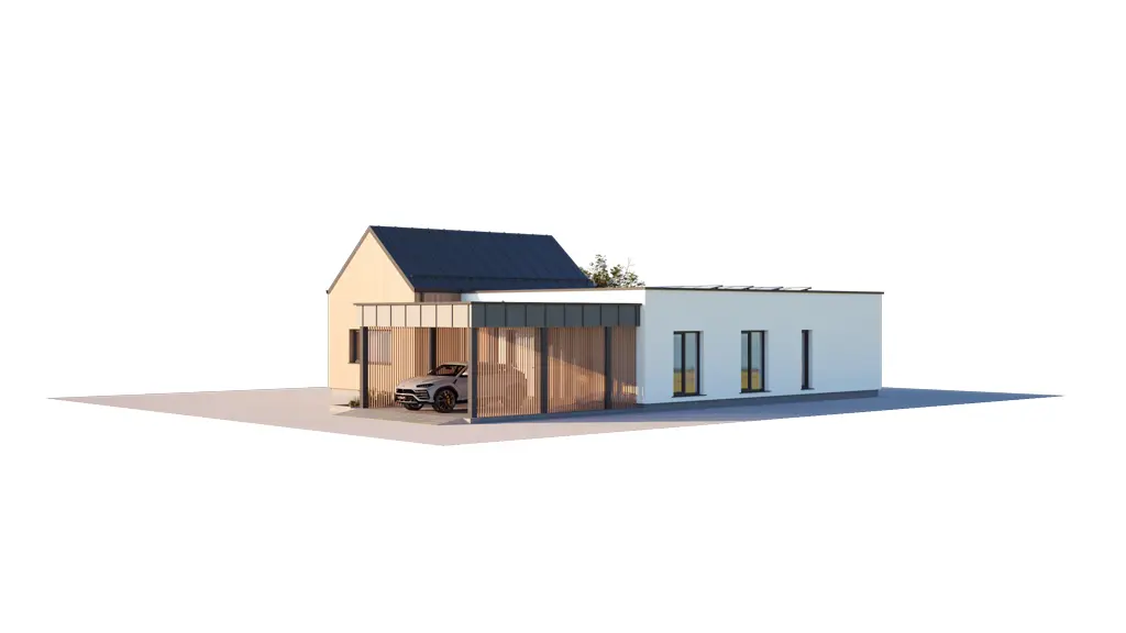 Vieno aukšto namo projektas 121 m²: 3 Miegamieji, 2 Vonios, Atvira virtuvė, be Garažo