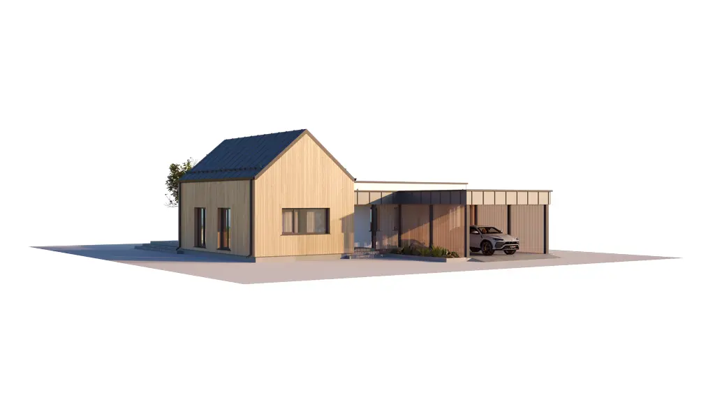 Vieno aukšto namo projektas 121 m²: 3 Miegamieji, 2 Vonios, Atvira virtuvė, be Garažo