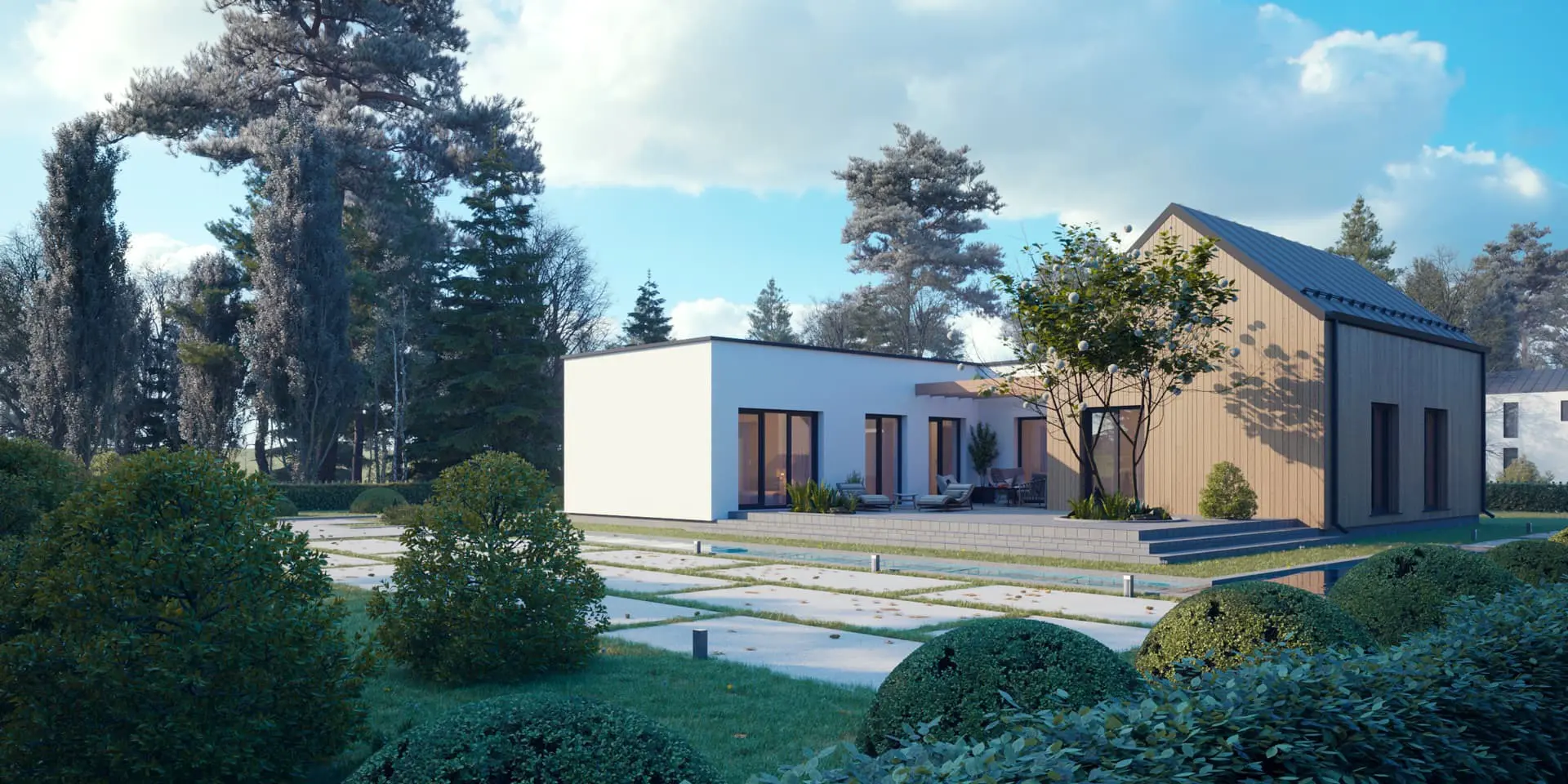 Vieno aukšto namo projektas 121 m²: 3 Miegamieji, 2 Vonios, Atvira virtuvė, be Garažo