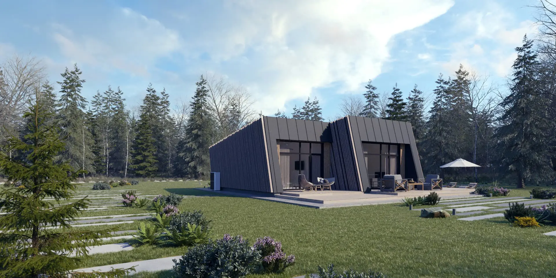 Vieno aukšto namo projektas 90 m²: 2 Miegamieji, 1 Vonios, Atvira virtuvė, be Garažo