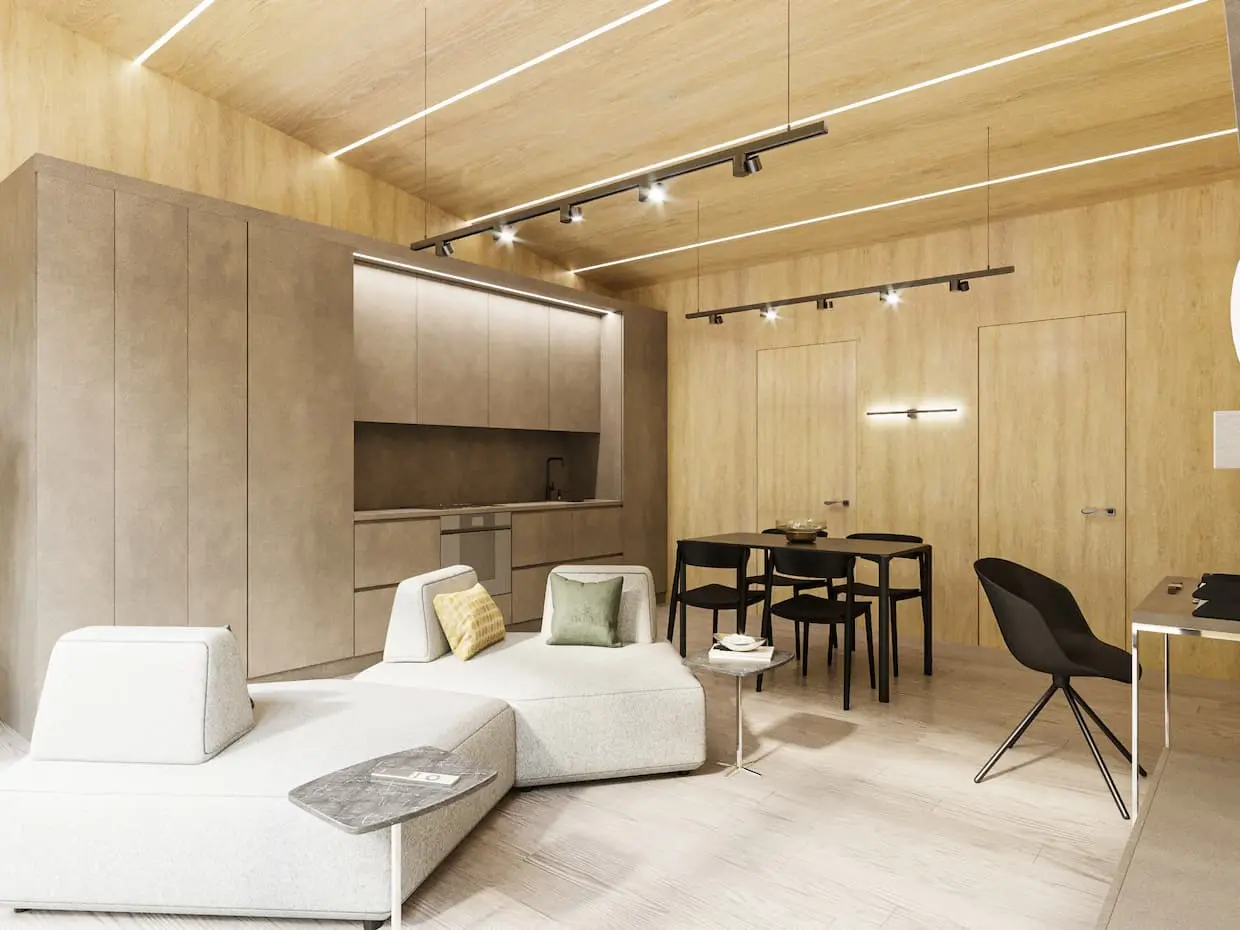 Vieno aukšto namo projektas 90 m²: 2 Miegamieji, 1 Vonios, Atvira virtuvė, be Garažo
