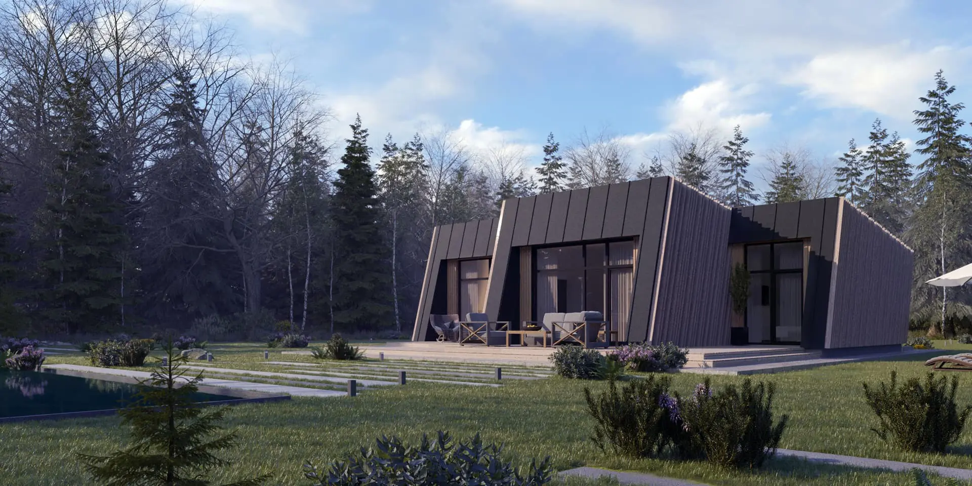Vieno aukšto namo projektas 90 m²: 2 Miegamieji, 1 Vonios, Atvira virtuvė, be Garažo