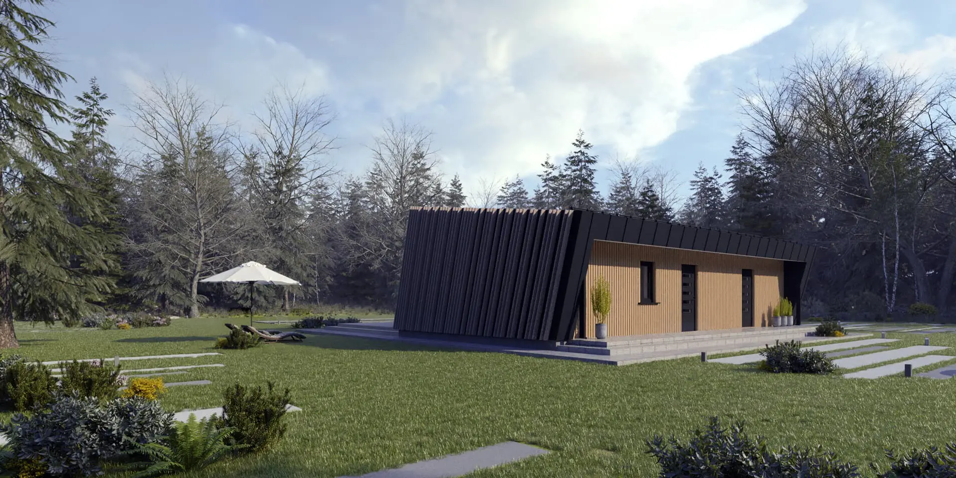 Vieno aukšto namo projektas 90 m²: 2 Miegamieji, 1 Vonios, Atvira virtuvė, be Garažo