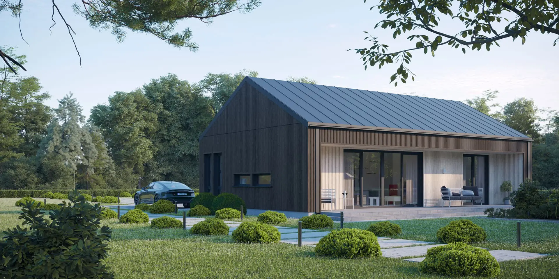 Vieno aukšto namo projektas 79 m²: 2 Miegamieji, Darbo kambarys, 2 Vonios, Atvira virtuvė, be Garažo