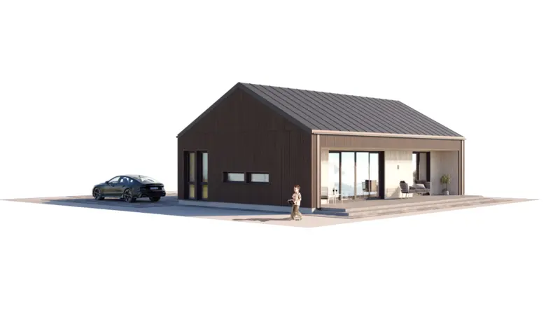 Vieno aukšto namo projektas 79 m²: 2 Miegamieji, Darbo kambarys, 2 Vonios, Atvira virtuvė, be Garažo