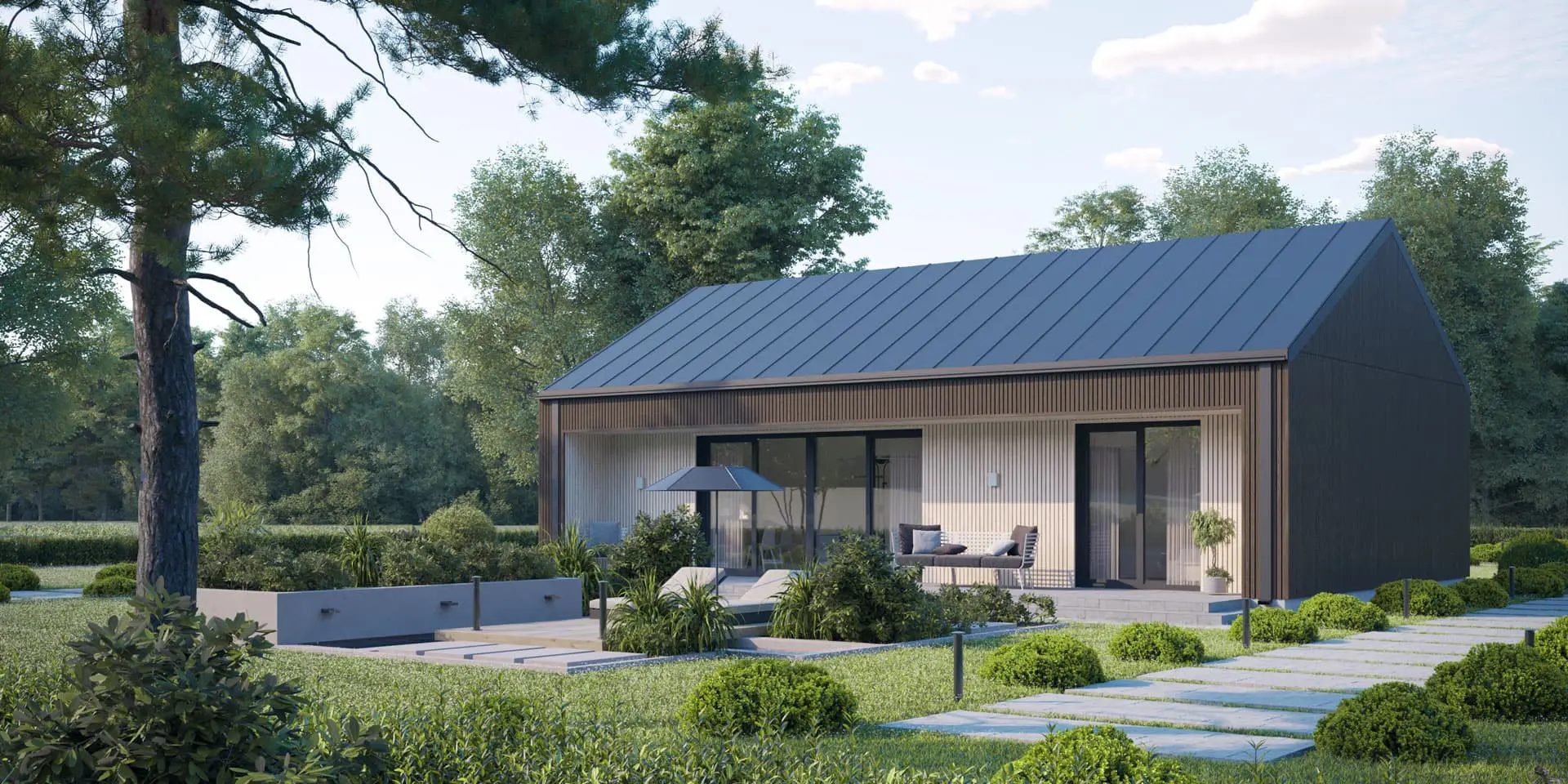 Vieno aukšto namo projektas 79 m²: 2 Miegamieji, Darbo kambarys, 2 Vonios, Atvira virtuvė, be Garažo