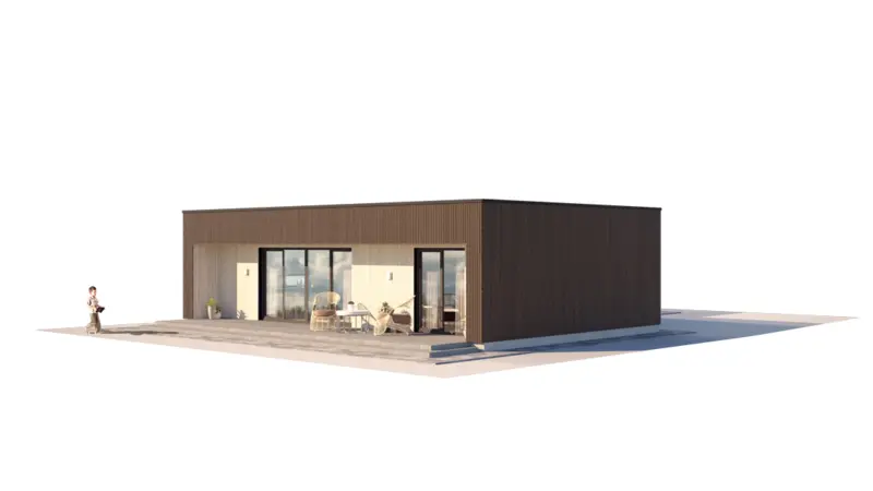 Vieno aukšto namo projektas 79 m²: 2 Miegamieji, Darbo kambarys, 2 Vonios, Atvira virtuvė, be Garažo
