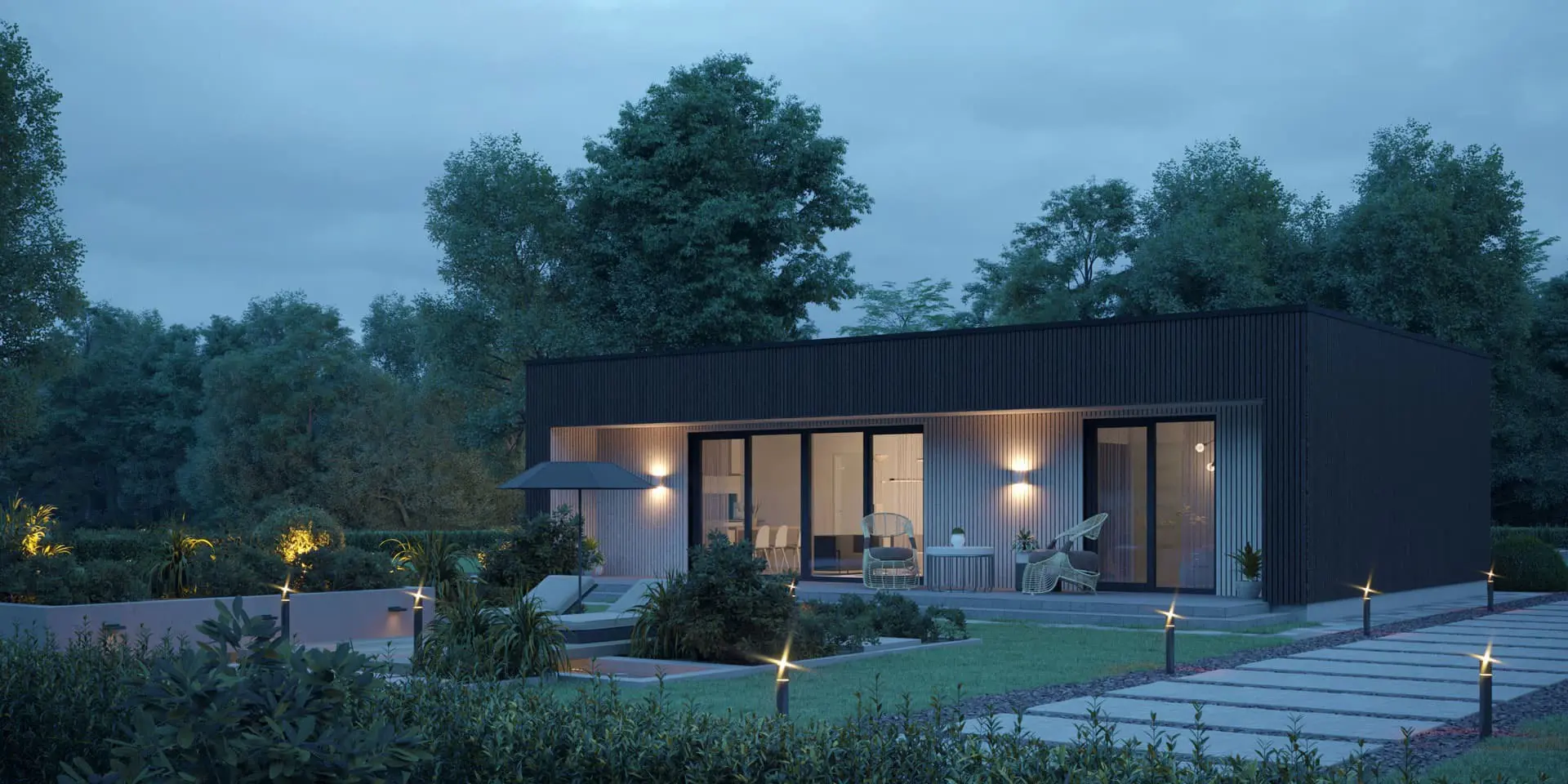 Vieno aukšto namo projektas 79 m²: 2 Miegamieji, Darbo kambarys, 2 Vonios, Atvira virtuvė, be Garažo