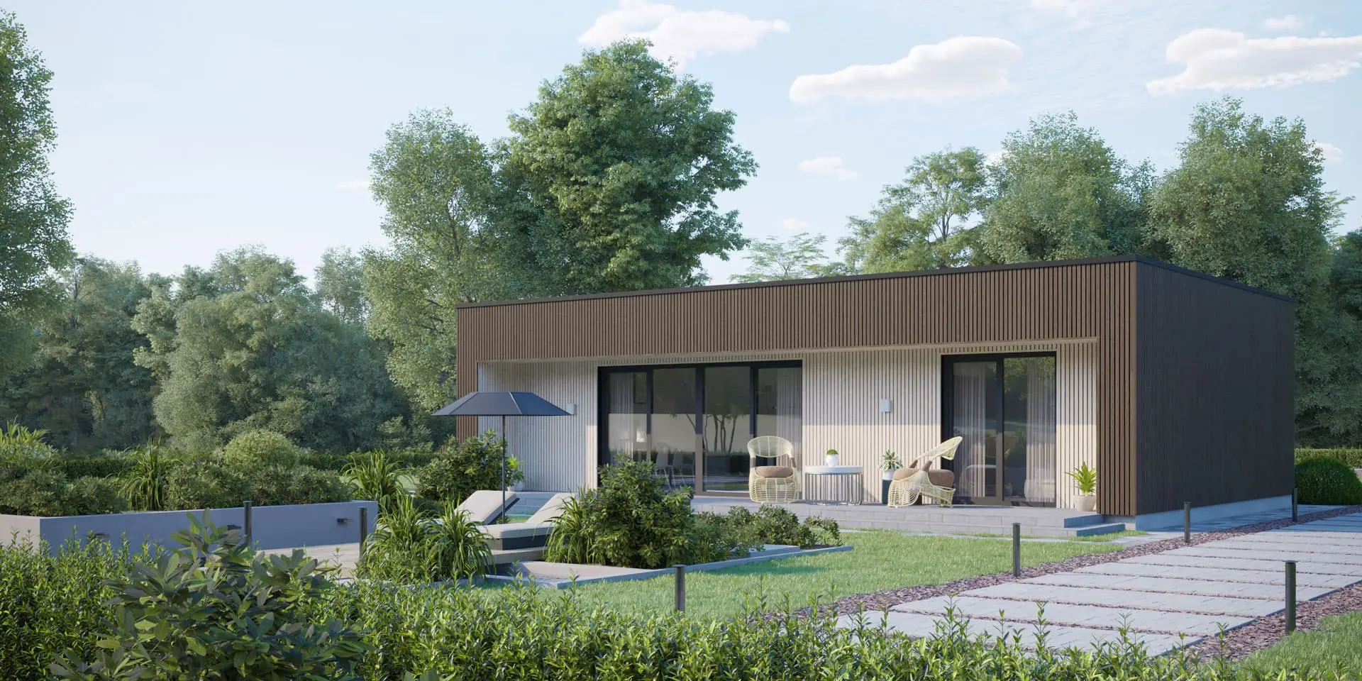 Vieno aukšto namo projektas 79 m²: 2 Miegamieji, Darbo kambarys, 2 Vonios, Atvira virtuvė, be Garažo