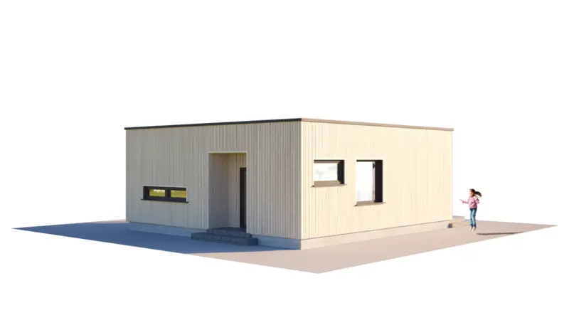 Vieno aukšto namo projektas 59 m²: 1 Miegamieji, 1 Vonios, Atvira virtuvė, be Garažo