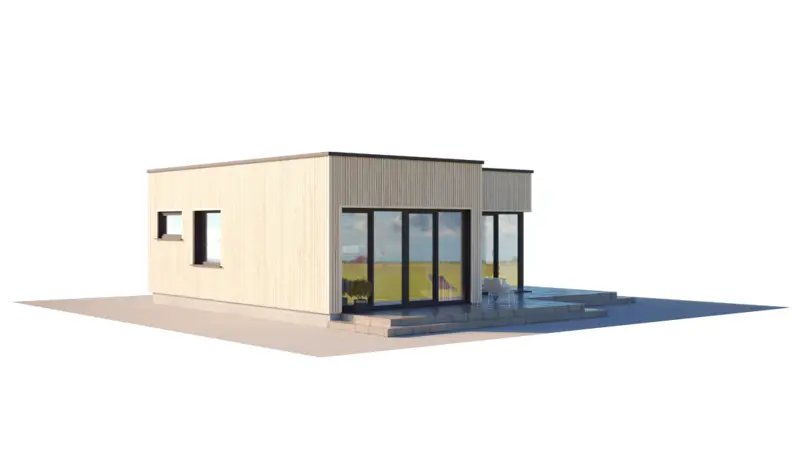 Vieno aukšto namo projektas 59 m²: 1 Miegamieji, 1 Vonios, Atvira virtuvė, be Garažo