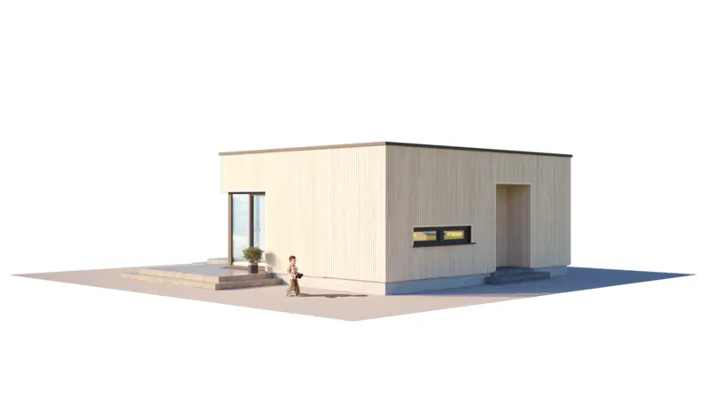 Vieno aukšto namo projektas 59 m²: 1 Miegamieji, 1 Vonios, Atvira virtuvė, be Garažo