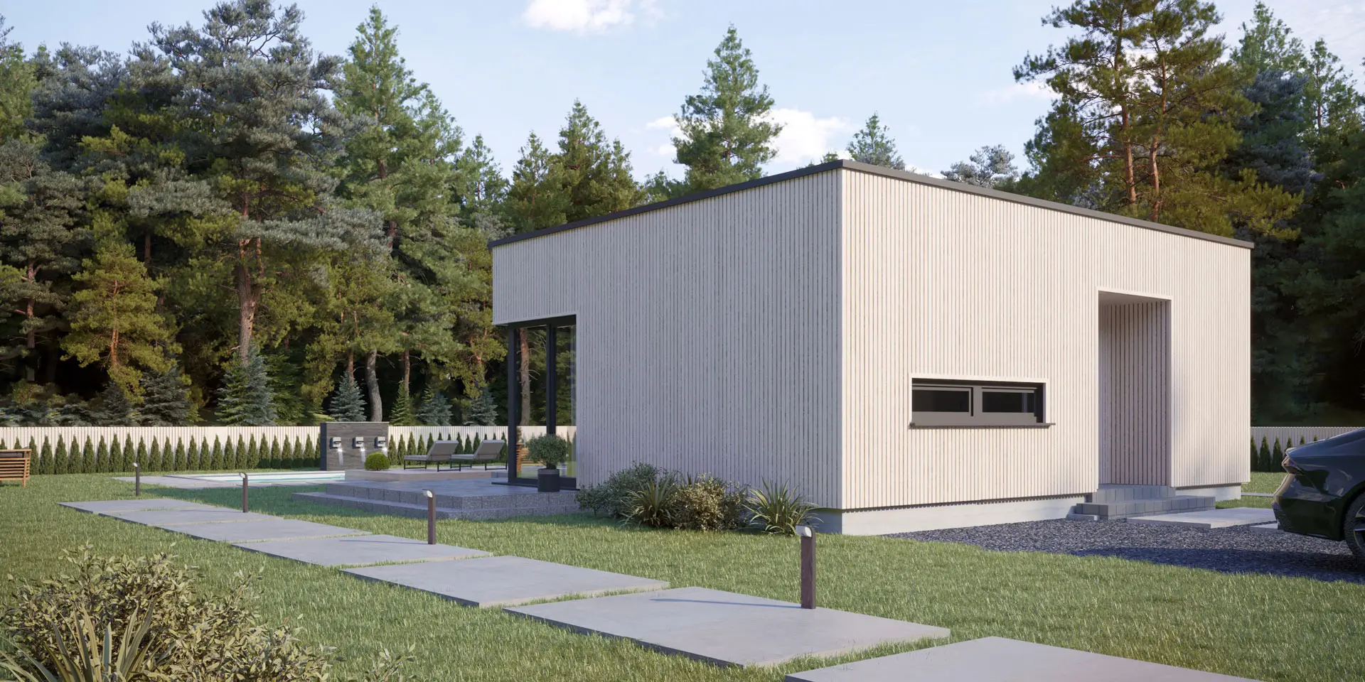 Vieno aukšto namo projektas 59 m²: 1 Miegamieji, 1 Vonios, Atvira virtuvė, be Garažo
