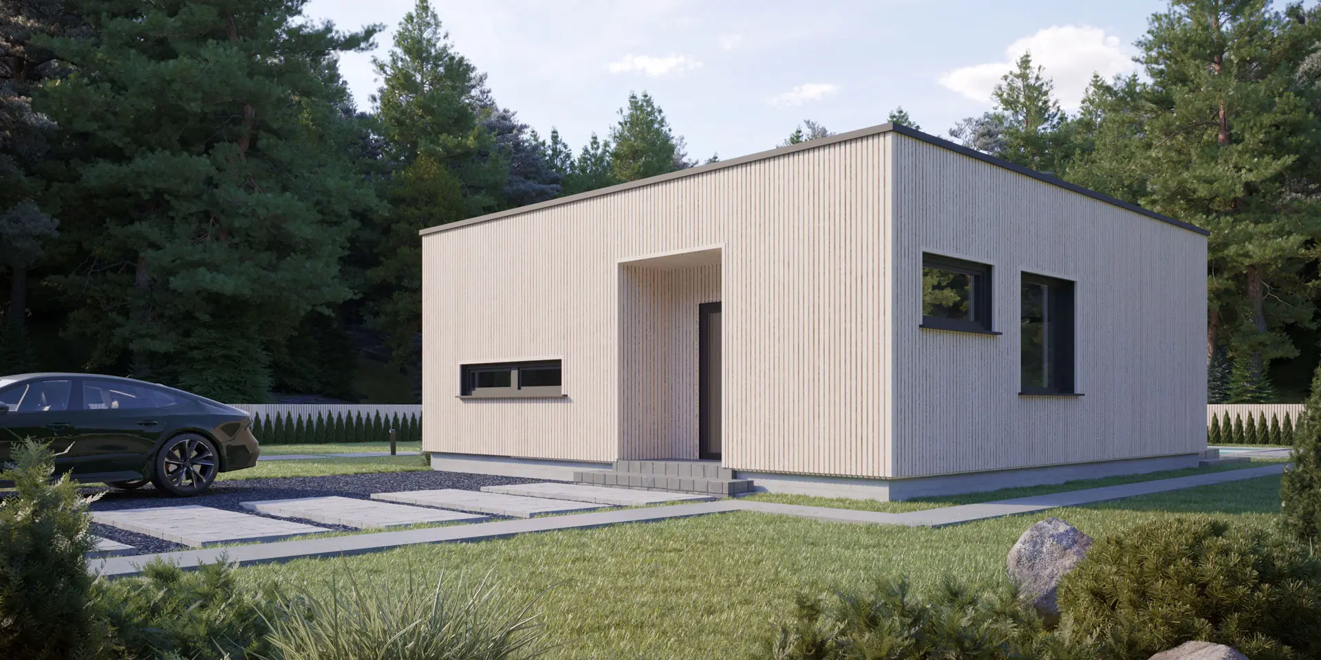 Vieno aukšto namo projektas 59 m²: 1 Miegamieji, 1 Vonios, Atvira virtuvė, be Garažo