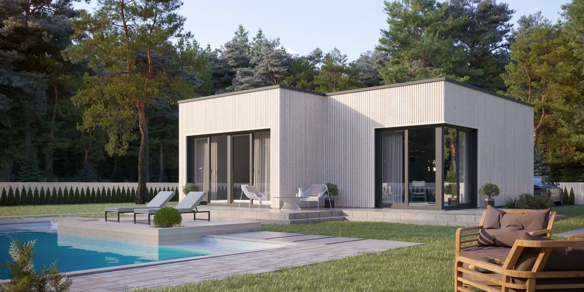 Vieno aukšto namo projektas 59 m²: 1 Miegamieji, 1 Vonios, Atvira virtuvė, be Garažo