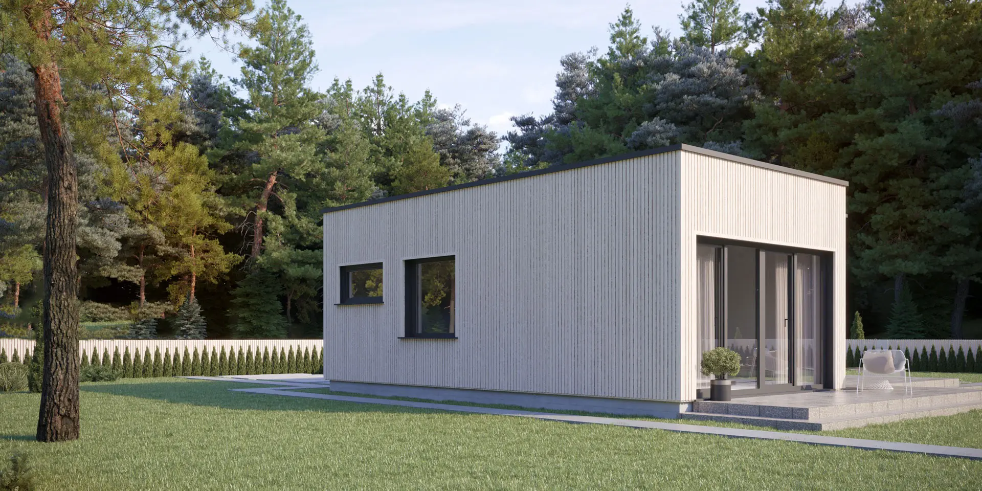 Vieno aukšto namo projektas 59 m²: 1 Miegamieji, 1 Vonios, Atvira virtuvė, be Garažo