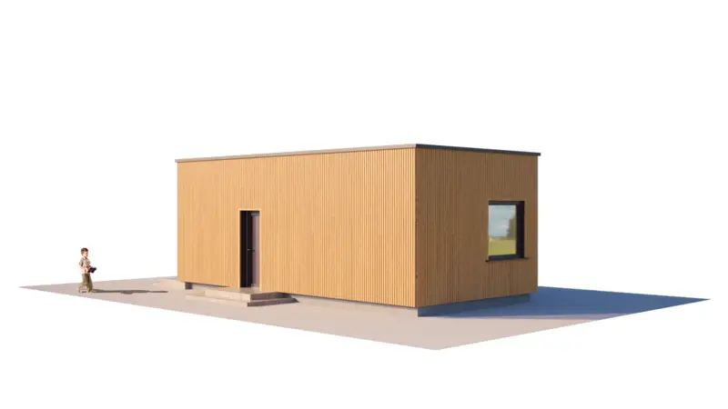 Vieno aukšto namo projektas 35 m²: 1 Miegamieji, 1 Vonios, Atvira virtuvė, be Garažo