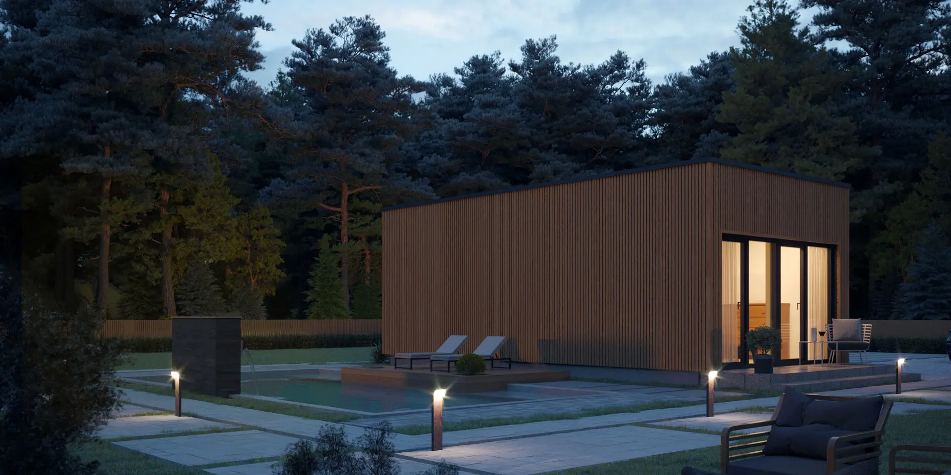 Vieno aukšto namo projektas 35 m²: 1 Miegamieji, 1 Vonios, Atvira virtuvė, be Garažo