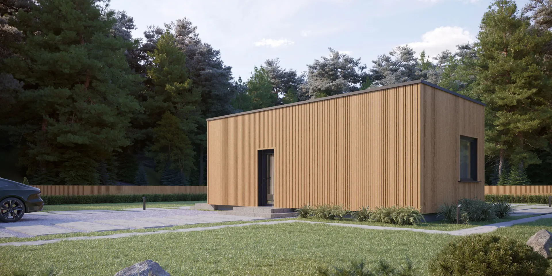 Vieno aukšto namo projektas 35 m²: 1 Miegamieji, 1 Vonios, Atvira virtuvė, be Garažo