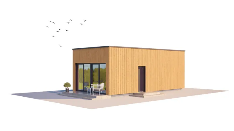 Vieno aukšto namo projektas 35 m²: 1 Miegamieji, 1 Vonios, Atvira virtuvė, be Garažo