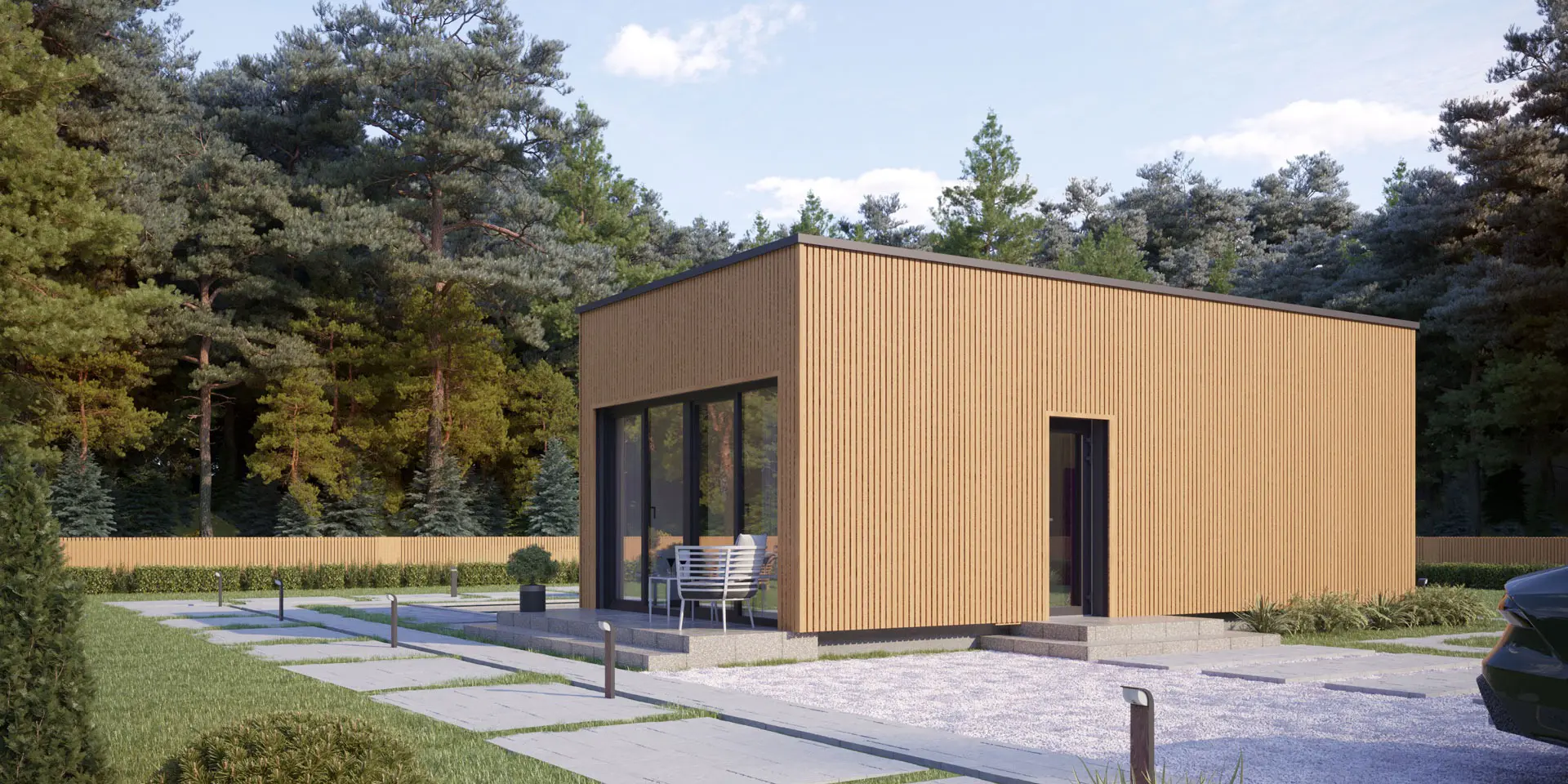 Vieno aukšto namo projektas 35 m²: 1 Miegamieji, 1 Vonios, Atvira virtuvė, be Garažo