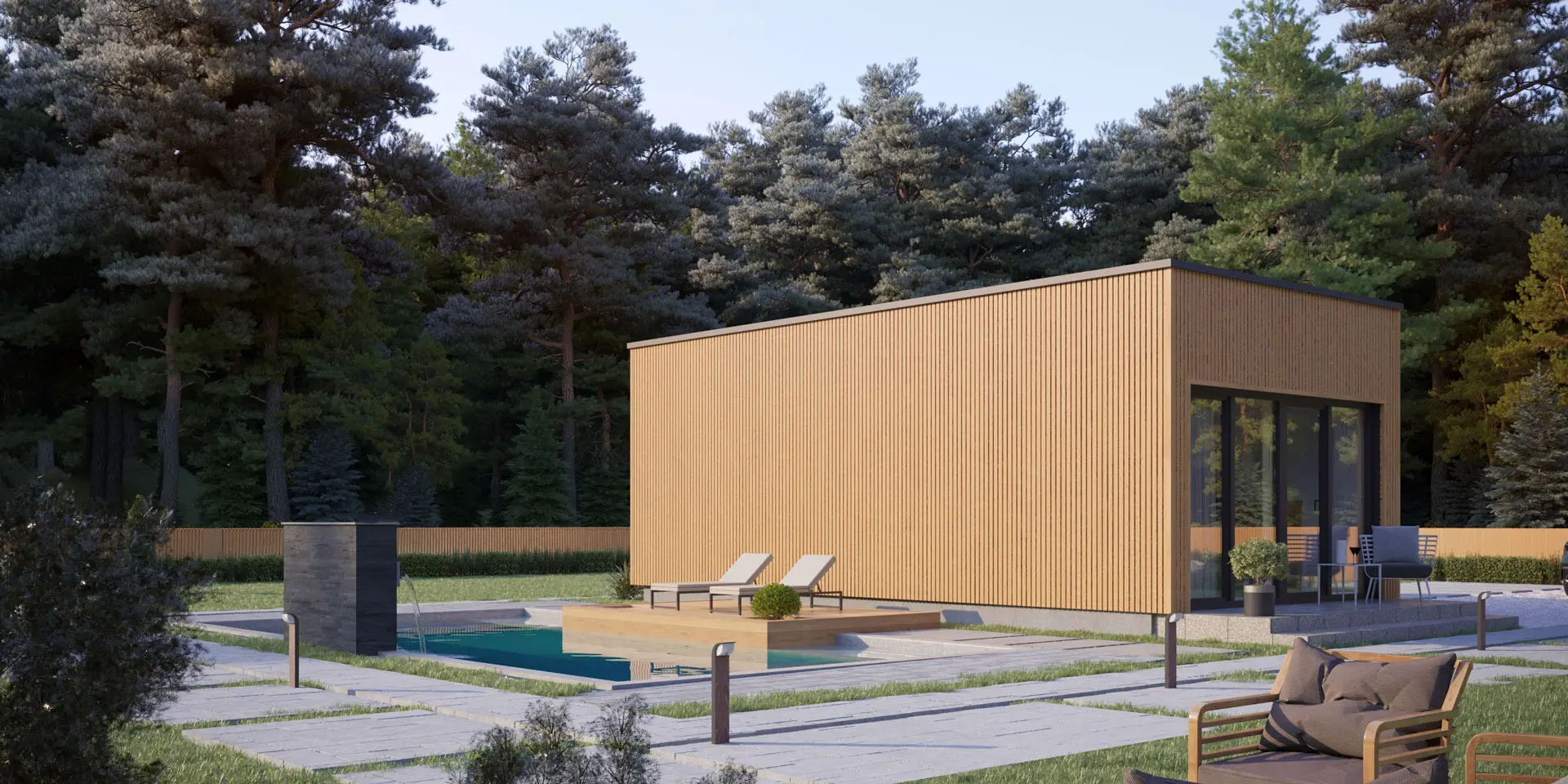 Vieno aukšto namo projektas 35 m²: 1 Miegamieji, 1 Vonios, Atvira virtuvė, be Garažo