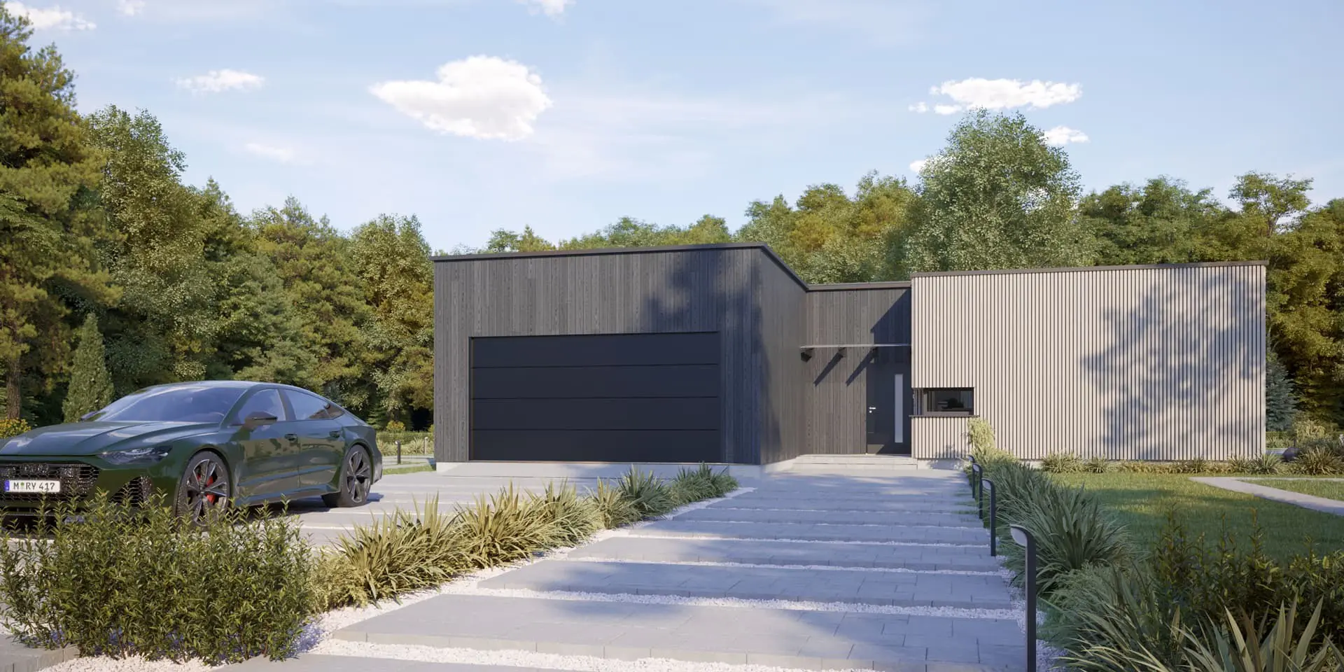 Vieno aukšto namo projektas 145 m²: 3 Miegamieji, 2 Vonios, Atvira virtuvė, Garažas
