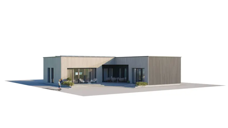 Vieno aukšto namo projektas 145 m²: 3 Miegamieji, 2 Vonios, Atvira virtuvė, Garažas