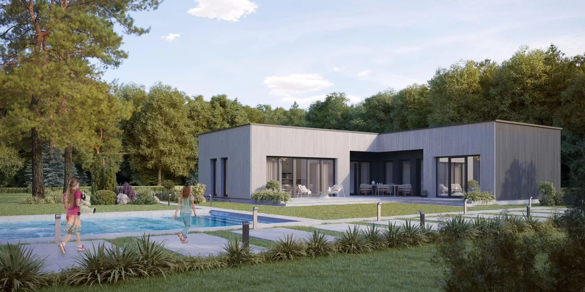 Vieno aukšto namo projektas 145 m²: 3 Miegamieji, 2 Vonios, Atvira virtuvė, Garažas