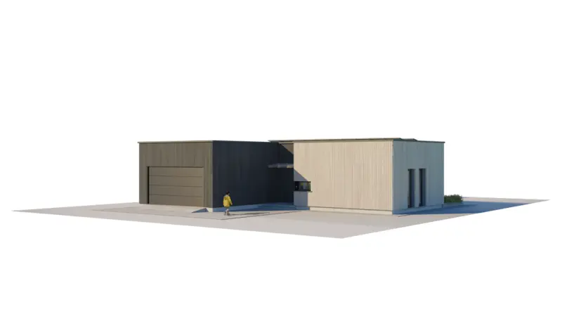Vieno aukšto namo projektas 145 m²: 3 Miegamieji, 2 Vonios, Atvira virtuvė, Garažas
