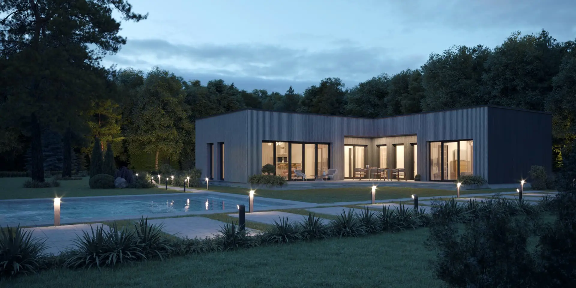 Vieno aukšto namo projektas 145 m²: 3 Miegamieji, 2 Vonios, Atvira virtuvė, Garažas