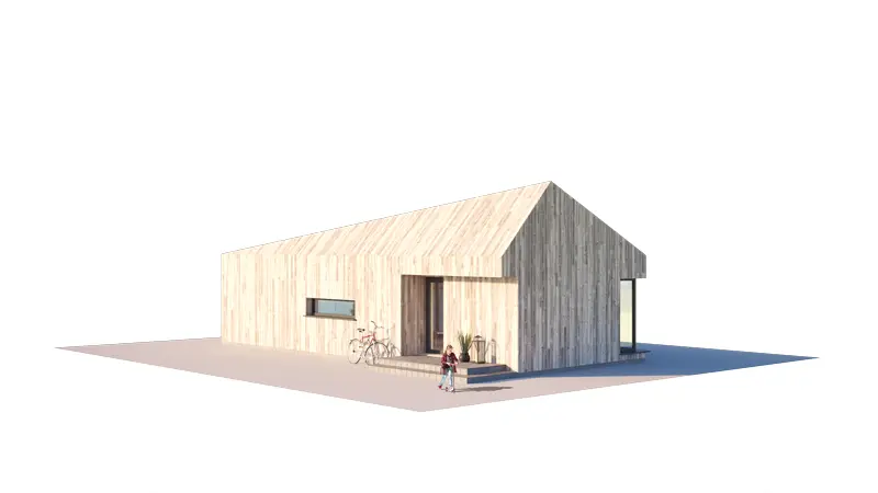 Vieno aukšto namo projektas 50 m²: 2 Miegamieji, 1 Vonios, Atvira virtuvė, be Garažo