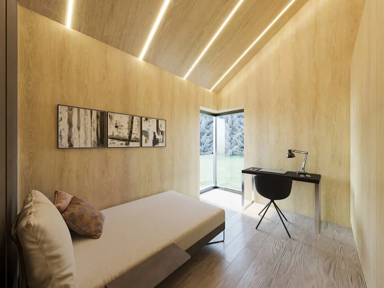 Vieno aukšto namo projektas 50 m²: 2 Miegamieji, 1 Vonios, Atvira virtuvė, be Garažo