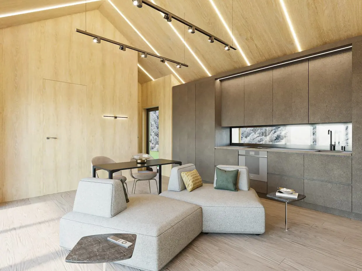 Vieno aukšto namo projektas 50 m²: 2 Miegamieji, 1 Vonios, Atvira virtuvė, be Garažo