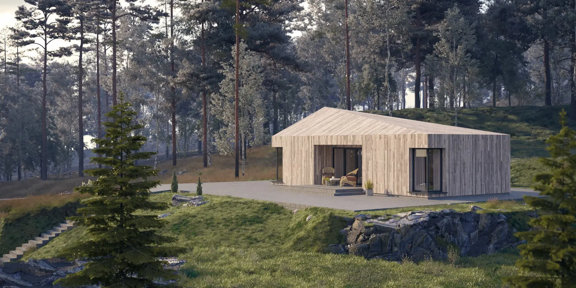 Vieno aukšto namo projektas 50 m²: 2 Miegamieji, 1 Vonios, Atvira virtuvė, be Garažo