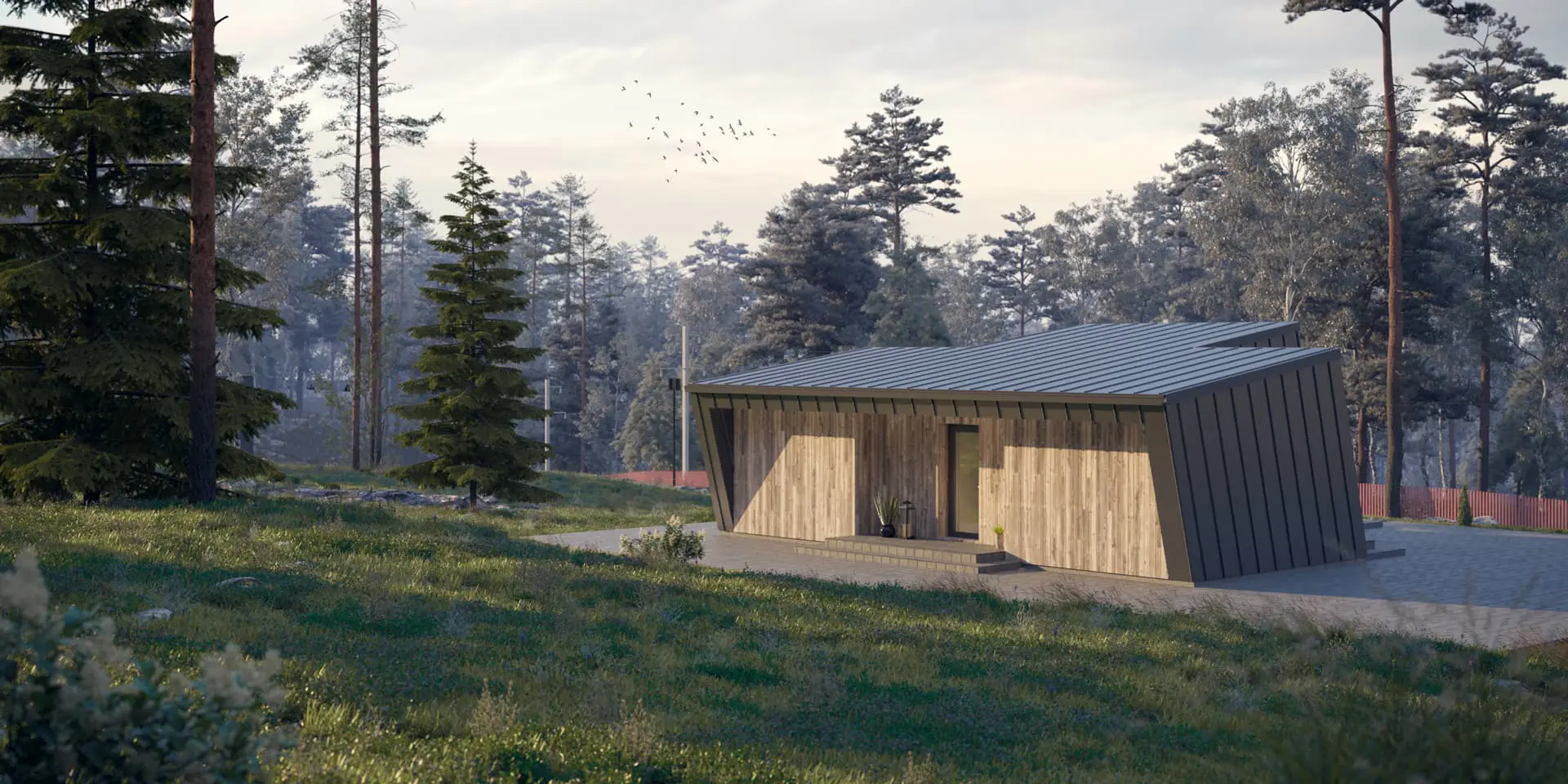 Vieno aukšto namo projektas 50 m²: 2 Miegamieji, 1 Vonios, Atvira virtuvė, be Garažo