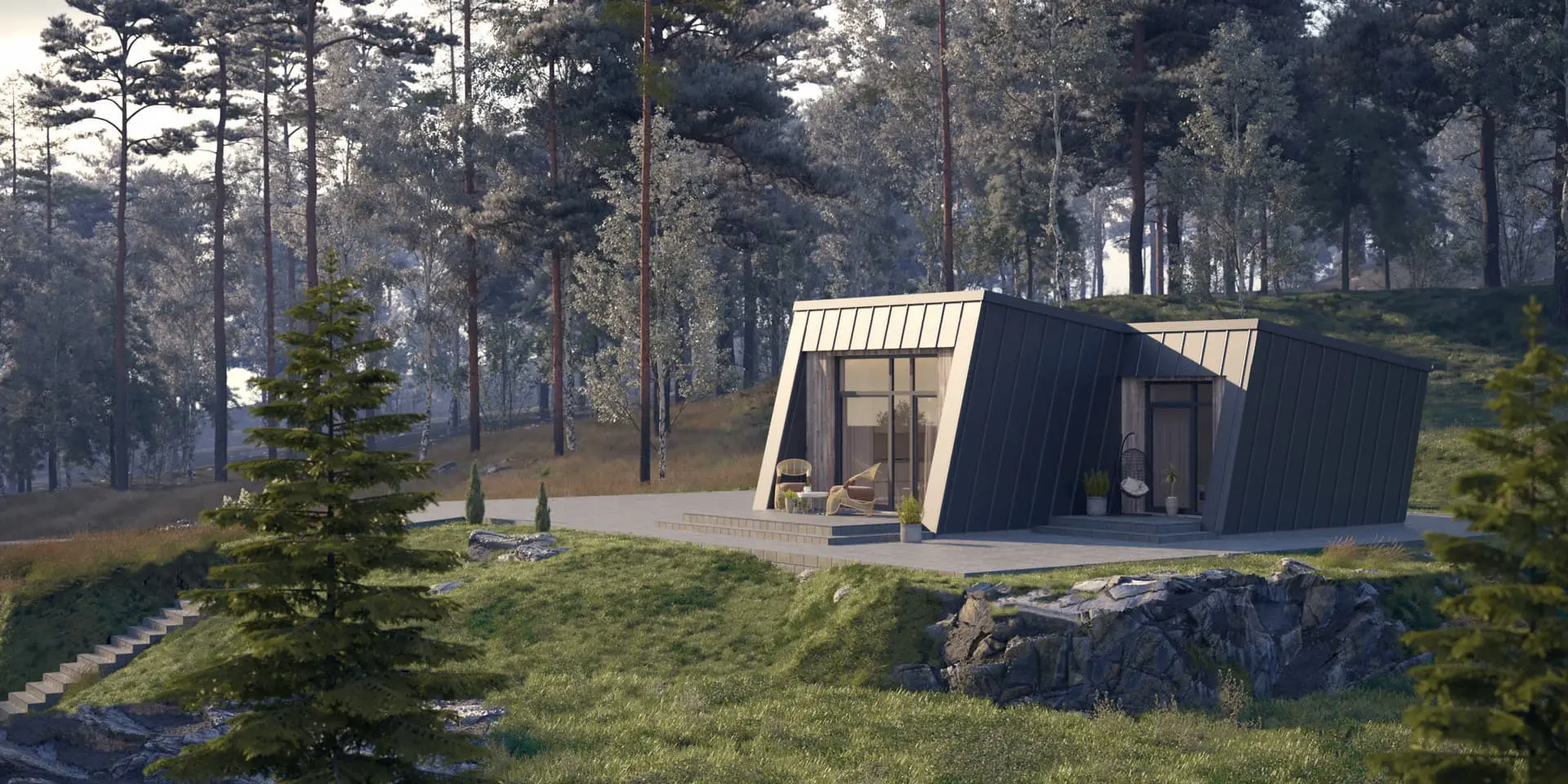Vieno aukšto namo projektas 50 m²: 2 Miegamieji, 1 Vonios, Atvira virtuvė, be Garažo