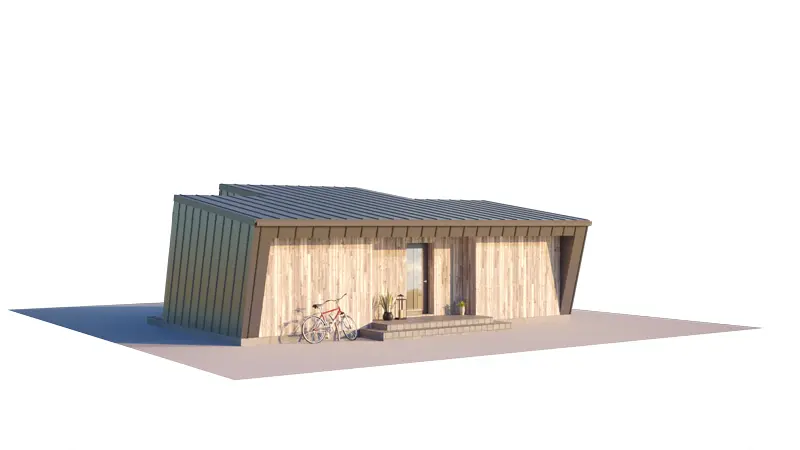 Vieno aukšto namo projektas 50 m²: 2 Miegamieji, 1 Vonios, Atvira virtuvė, be Garažo