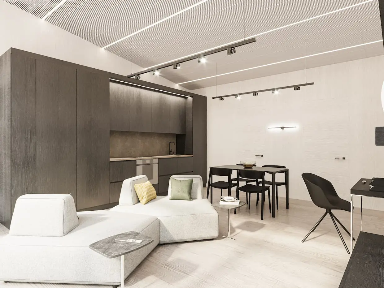 Vieno aukšto namo projektas 50 m²: 2 Miegamieji, 1 Vonios, Atvira virtuvė, be Garažo
