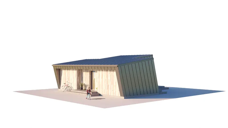 Vieno aukšto namo projektas 50 m²: 2 Miegamieji, 1 Vonios, Atvira virtuvė, be Garažo