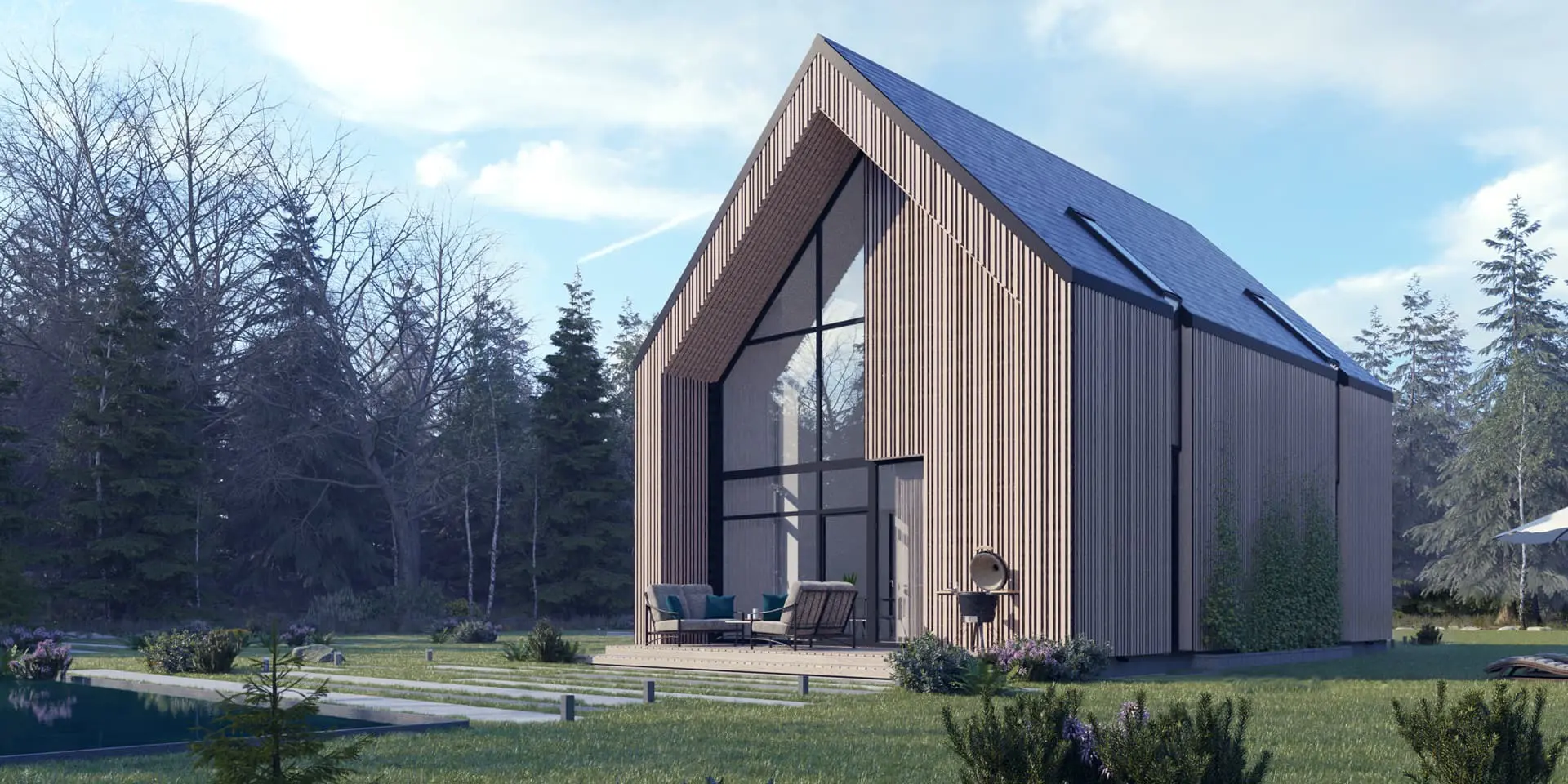 Namo projektas su mansarda 153 m²: 3 Miegamieji, 2 Vonios, Atvira virtuvė, Garažas