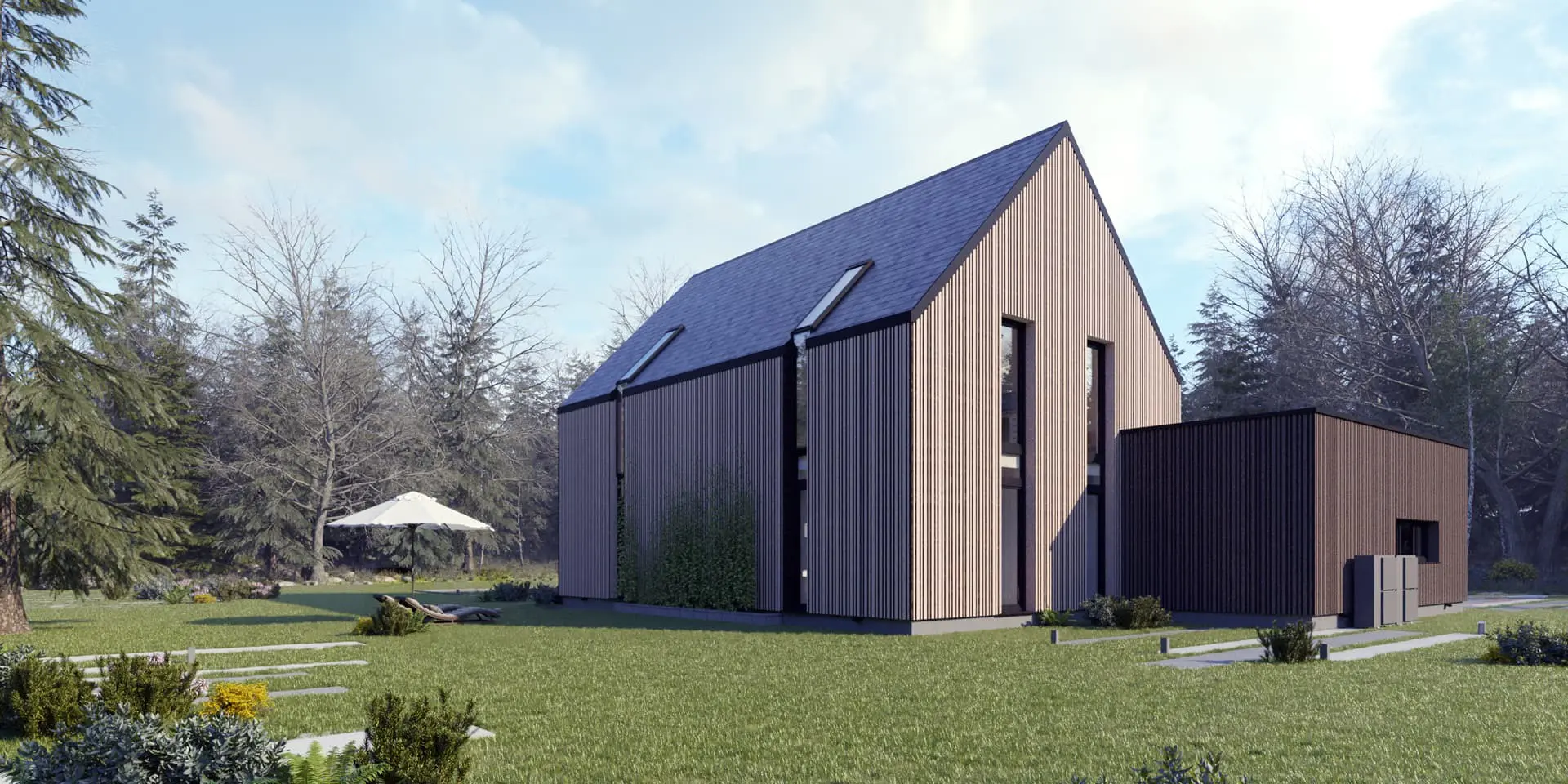 Namo projektas su mansarda 153 m²: 3 Miegamieji, 2 Vonios, Atvira virtuvė, Garažas