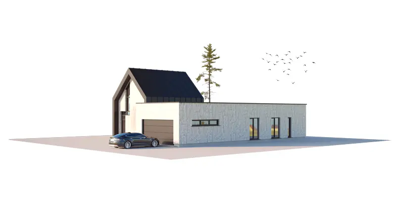 Namo projektas su mansarda 155 m²: 3 Miegamieji, Darbo kambarys, 2 Vonios, Atvira virtuvė, Garažas