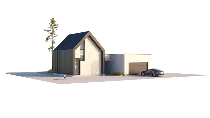 Namo projektas su mansarda 155 m²: 3 Miegamieji, Darbo kambarys, 2 Vonios, Atvira virtuvė, Garažas