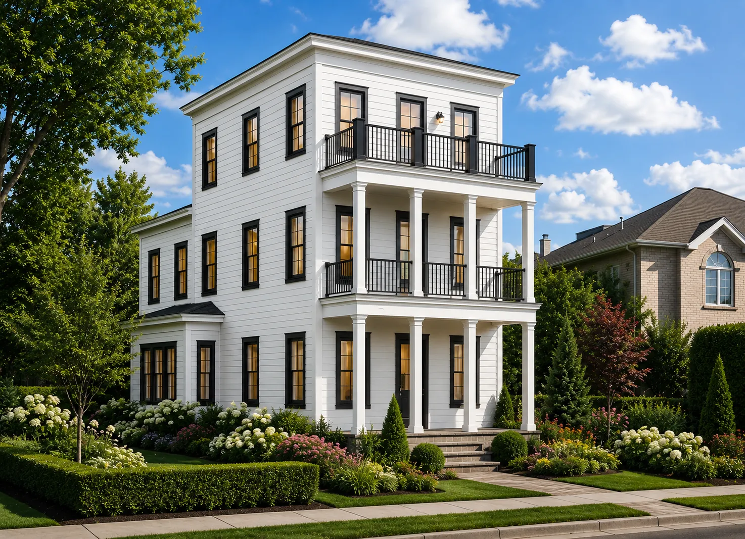 Trijų aukštų namo projektas 414 m²: 5 Miegamieji, 6 Vonios, Atvira virtuvė, be Garažo