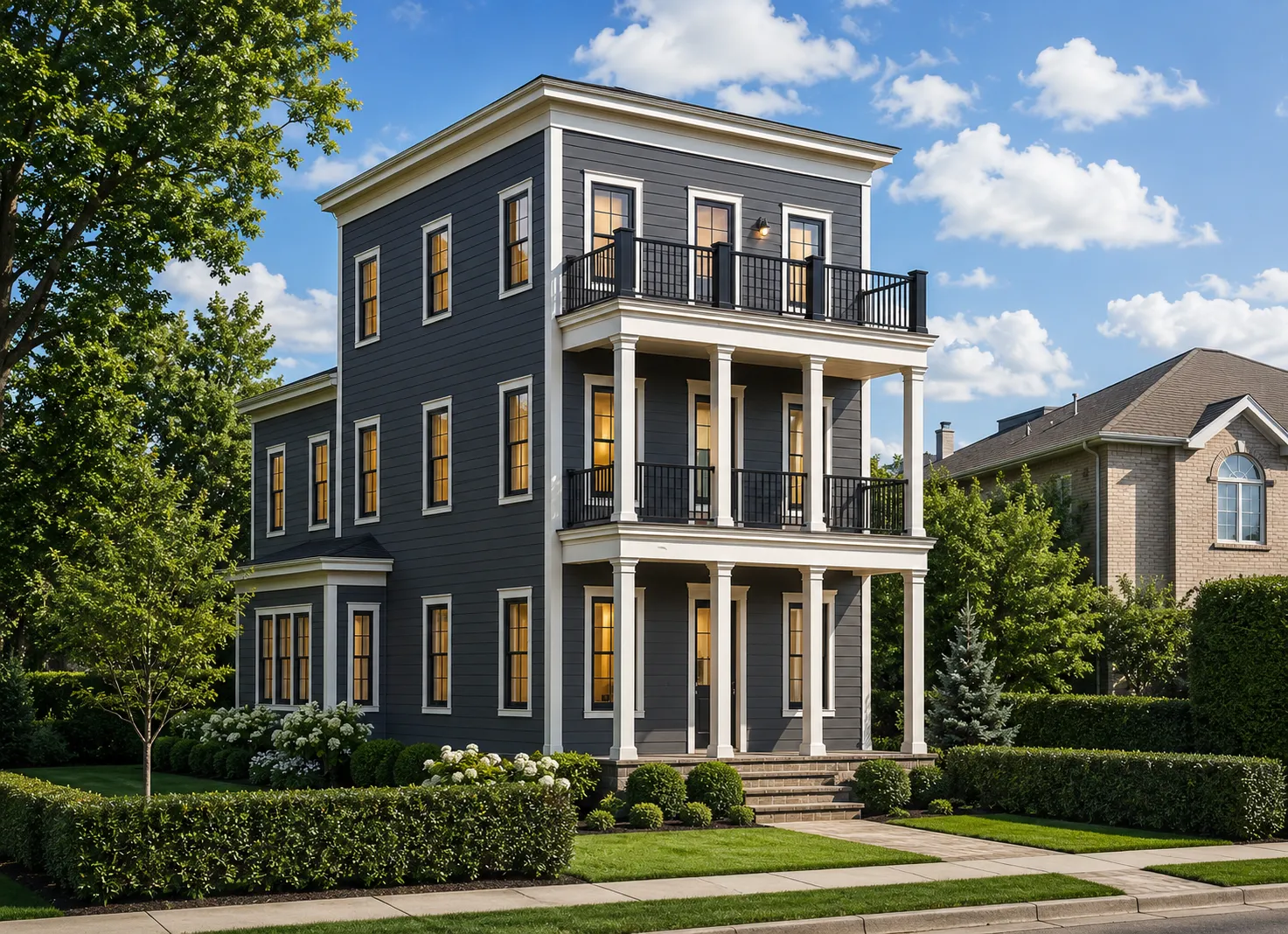 Trijų aukštų namo projektas 414 m²: 5 Miegamieji, 6 Vonios, Atvira virtuvė, be Garažo
