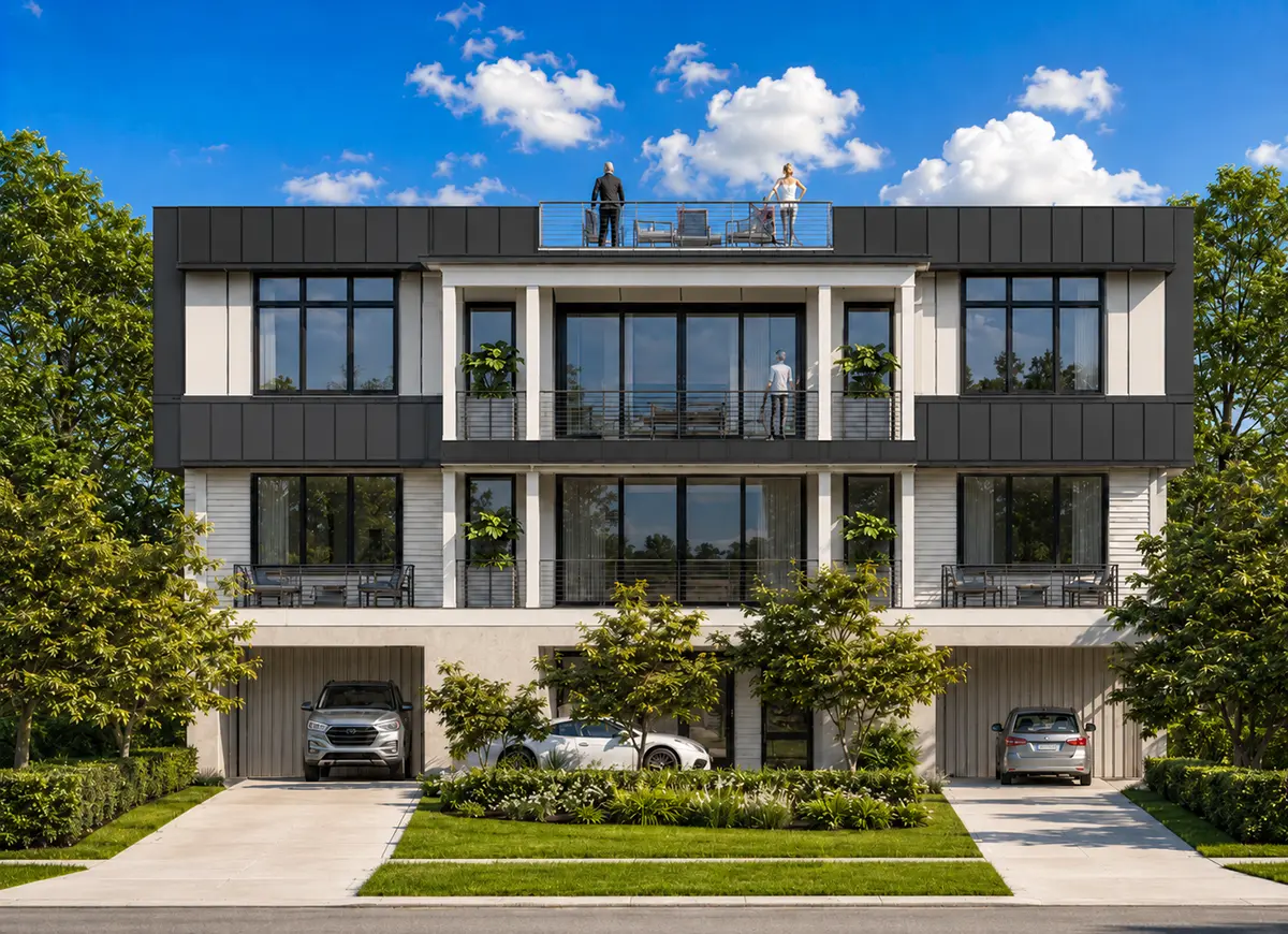 Trijų aukštų namo projektas 319 m²: 4 Miegamieji, Darbo kambarys, 5 Vonios, Atvira virtuvė, Garažas