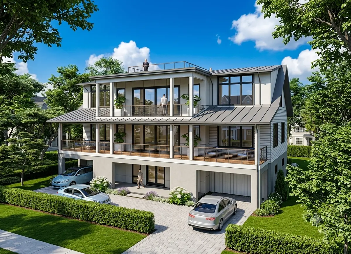Trijų aukštų namo projektas 319 m²: 4 Miegamieji, Darbo kambarys, 5 Vonios, Atvira virtuvė, Garažas